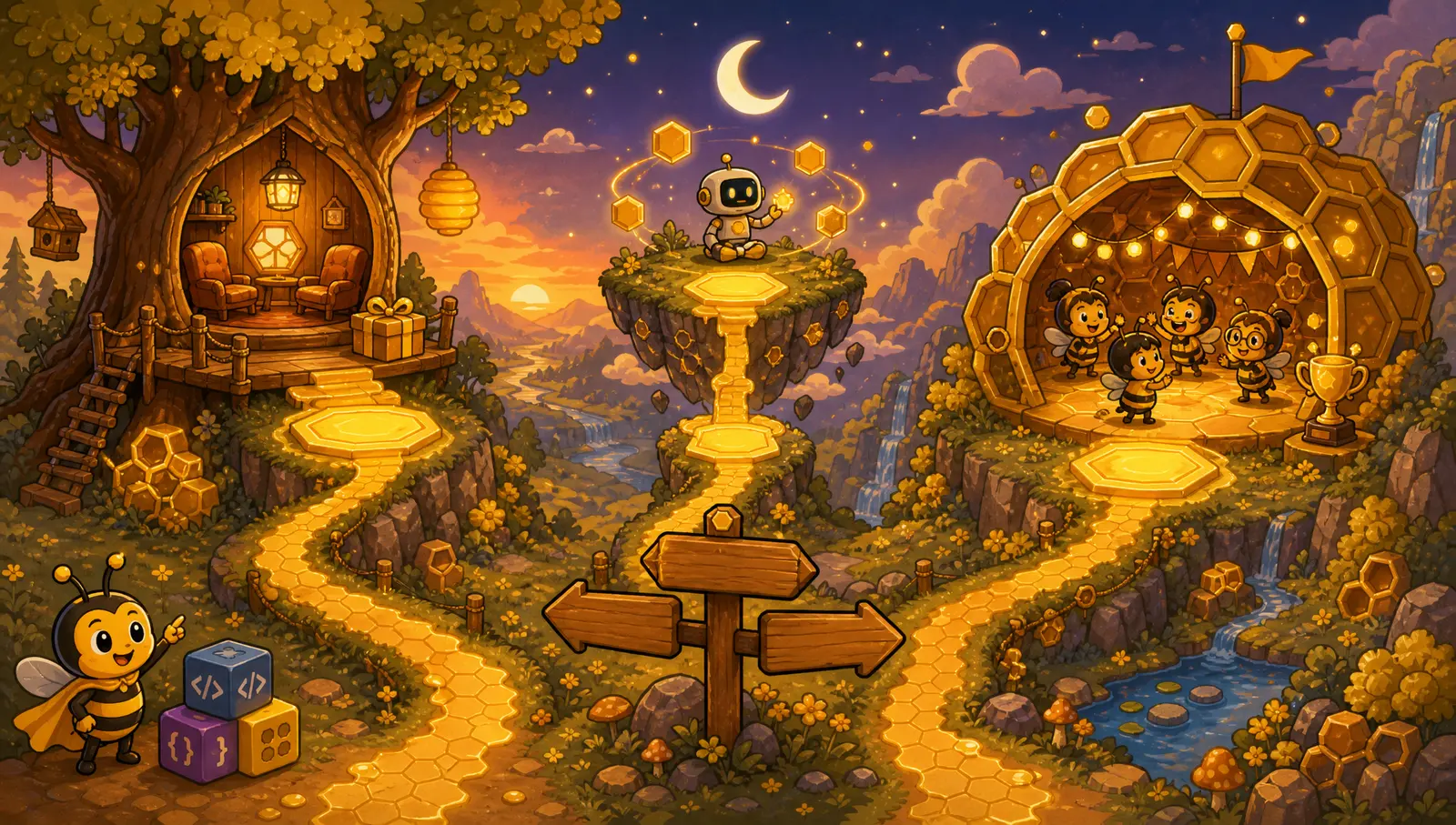 Illustrated golden path from BrainBlocks through Python basics, functions, APIs and AI, ending at the Boss Battle finale